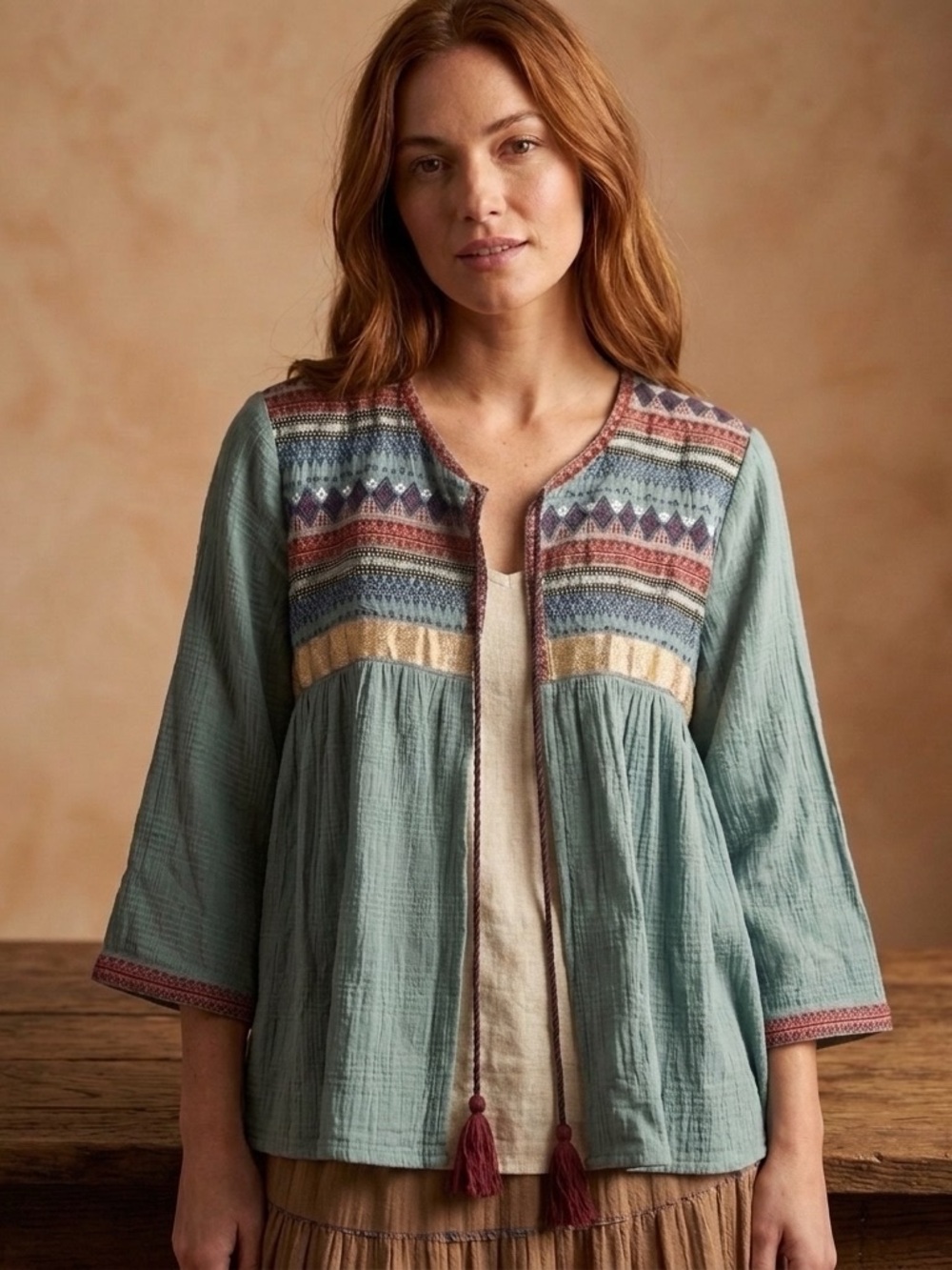 World Market Sage Green Embroidered Boho Tunic with Multicolor Yoke